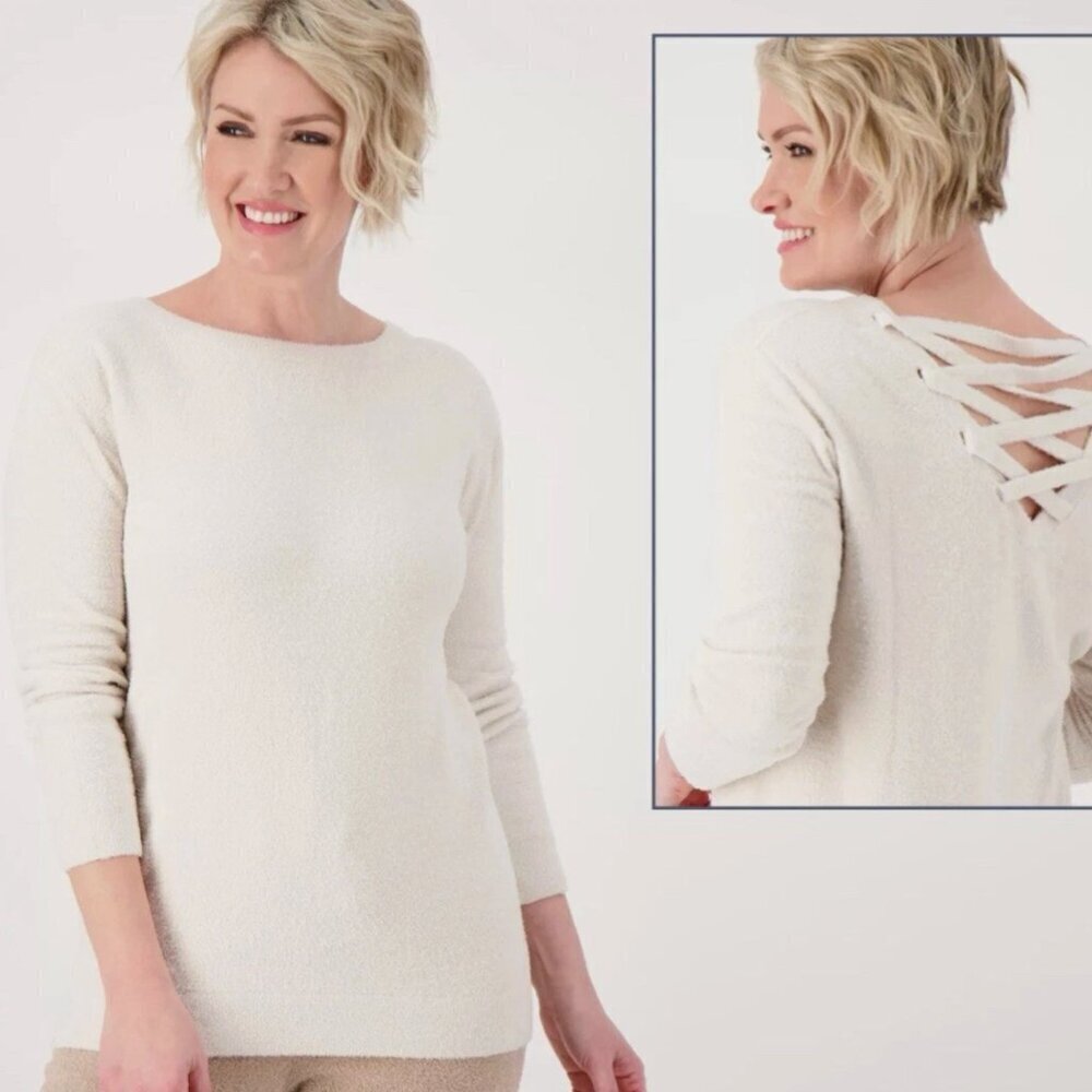 Barefoot Dreams Sweater CozyChic Lite Lace Back Lattice Pullover Top Ivory XL
